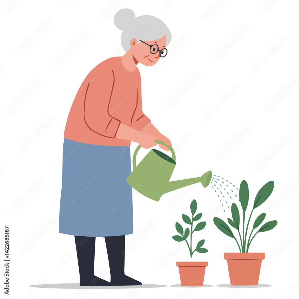 Senior woman watering plants. Senior woman watering plants.