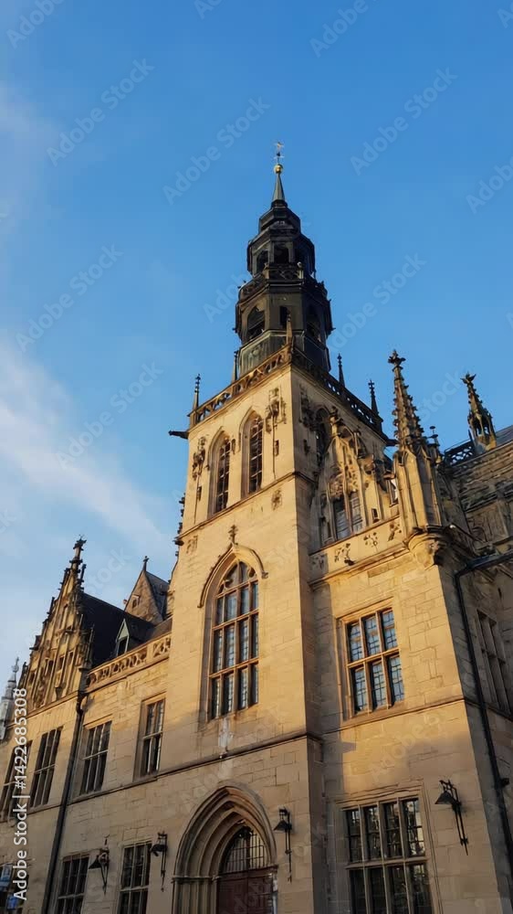View of old ornate building with central tower with blue skies; detailed stone facade, gabled roof, and elaborate window tracery in daytime. View of old ornate building with central tower with blue skies; detailed stone facade, gabled roof, and elaborate window tracery in daytime.