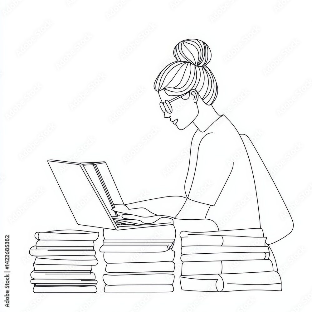Single continuous line drawing of a female teacher teaching online with half her body emerging from a laptop screen, next to a pile of books, representing modern internet education and remote learning