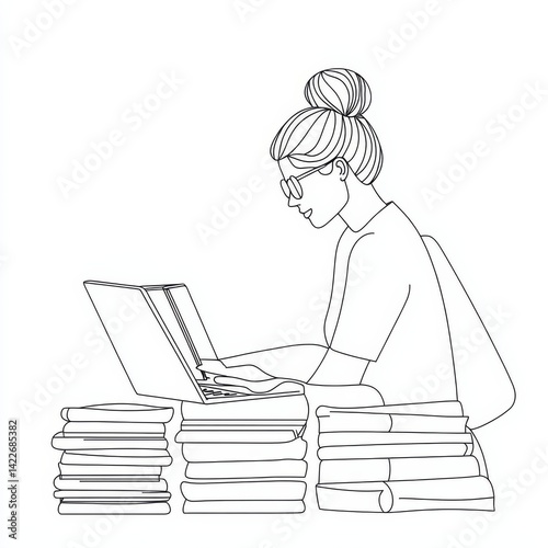 Obraz na płótnie Single continuous line drawing of a female teacher teaching online with half her body emerging from a laptop screen, next to a pile of books, representing modern internet education and remote learning w salonie