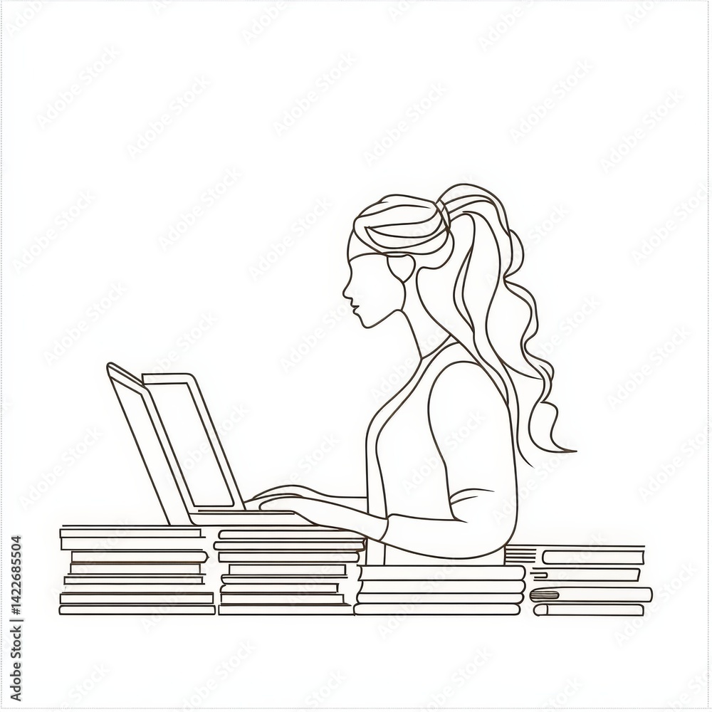 Single continuous line drawing of a female teacher teaching online with half her body emerging from a laptop screen, next to a pile of books, representing modern internet education and remote learning