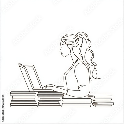 Obraz na płótnie Single continuous line drawing of a female teacher teaching online with half her body emerging from a laptop screen, next to a pile of books, representing modern internet education and remote learning w salonie