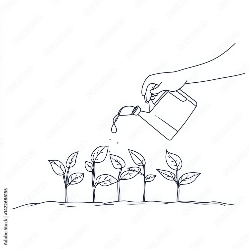 Single continuous line drawing of a hand with a can watering a plant in the garden.