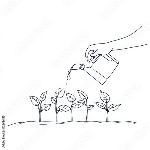 Obraz na płótnie Single continuous line drawing of a hand with a can watering a plant in the garden. w salonie