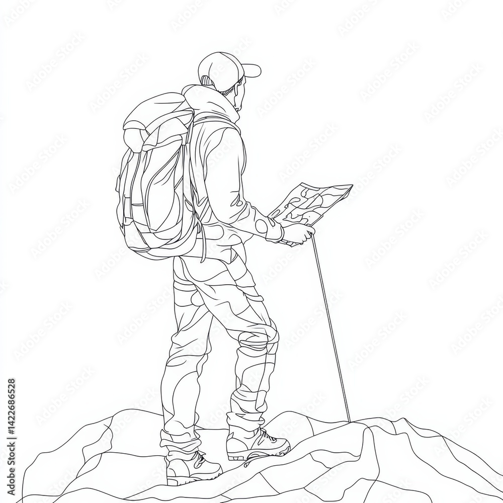Single continuous line drawing man hiker with backpack and map hiking in mountains or forest and exploring nature. Active outdoor travelling. Dynamic one line draw graphic design vector illustration