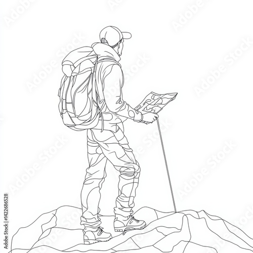 Obraz na płótnie Single continuous line drawing man hiker with backpack and map hiking in mountains or forest and exploring nature. Active outdoor travelling. Dynamic one line draw graphic design vector illustration w salonie