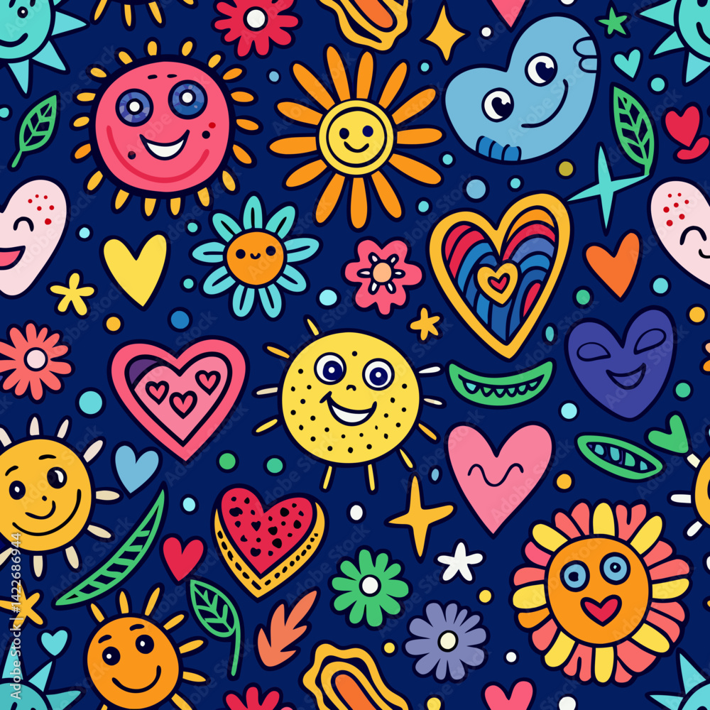 Fototapeta premium A cheerful and vibrant Seamless pattern on a dark blue background featuring smiling suns, hearts with faces and patterns, colorful flowers, stars, and abstract shapes.