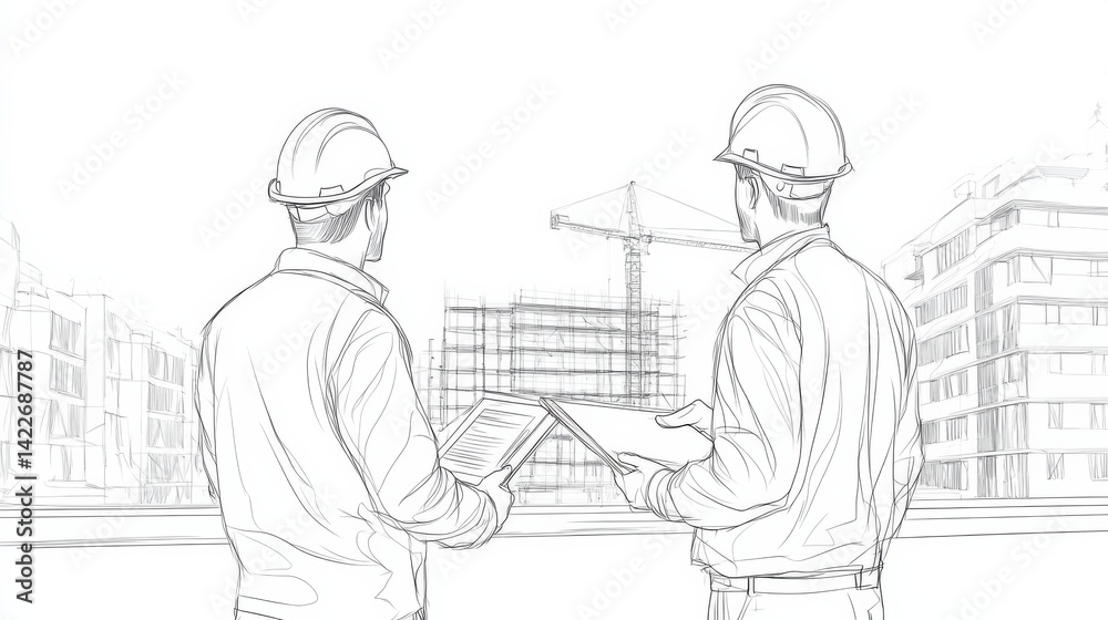 Single continuous line drawing of young construction manager giving instruction to builder coordinator at site meeting. Building architecture business concept. One line draw design vector
