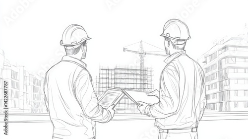 Obraz na płótnie Single continuous line drawing of young construction manager giving instruction to builder coordinator at site meeting. Building architecture business concept. One line draw design vector w salonie
