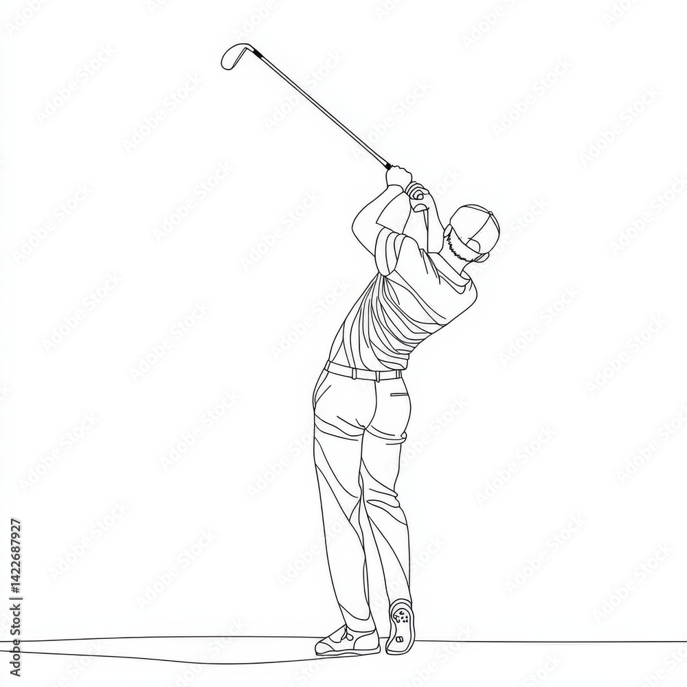 Single continuous line drawing of young happy golf player swing the golf club to hit the ball. Hobby sport concept. Trendy one line draw design vector illustration for golf tournament promotion media