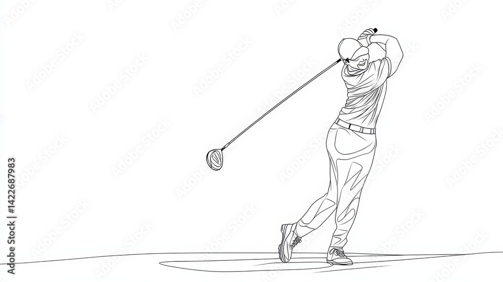 Single continuous line drawing of young happy golf player swing the golf club to hit the ball. Hobby sport concept. Trendy one line draw design vector illustration for golf tournament promotion media