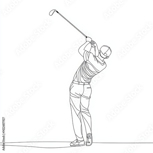 Obraz na płótnie Single continuous line drawing of young happy golf player swing the golf club to hit the ball. Hobby sport concept. Trendy one line draw design vector illustration for golf tournament promotion media w salonie