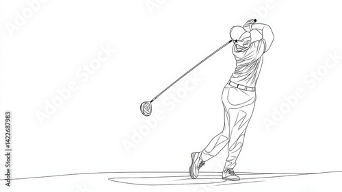 Obraz na płótnie Single continuous line drawing of young happy golf player swing the golf club to hit the ball. Hobby sport concept. Trendy one line draw design vector illustration for golf tournament promotion media w salonie