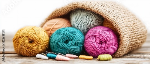 Colorful yarn balls in burlap sack
