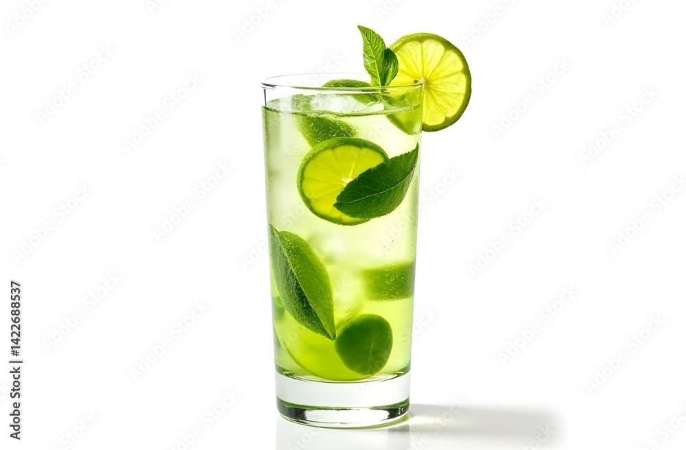Glass of refreshing iced lime and mint detox water beverage on white background Glass of refreshing iced lime and mint detox water beverage on white background