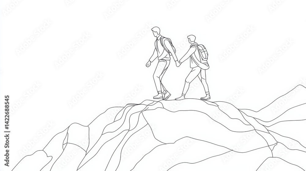 Single continuous line drawing of young male energetic businessman holding hands his partner to help climbing the hill. Trendy teamwork support concept one line draw graphic design vector illustration