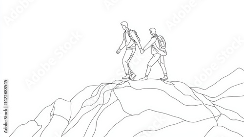 Single continuous line drawing of young male energetic businessman holding hands his partner to help climbing the hill. Trendy teamwork support concept one line draw graphic design vector illustration