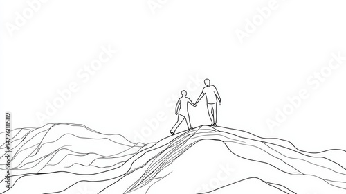 Single continuous line drawing of young male energetic businessman holding hands his partner to help climbing the hill. Trendy teamwork support concept one line draw graphic design vector illustration