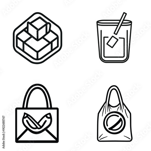 Black Line Icons Sugar Cubes, Drink with Straw, Tote Bag, Plastic Bag Vector