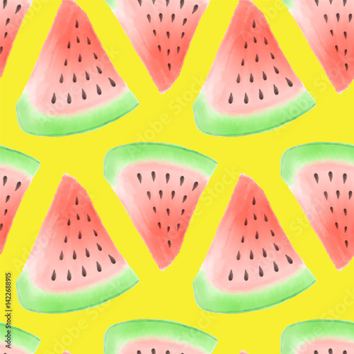 Watercolor watermelon seamless pattern on yellow background. Hand painted watermelon slices for summer print design. Concept juicy tropical fruit for vegan food lovers, watermelon raw healthy food