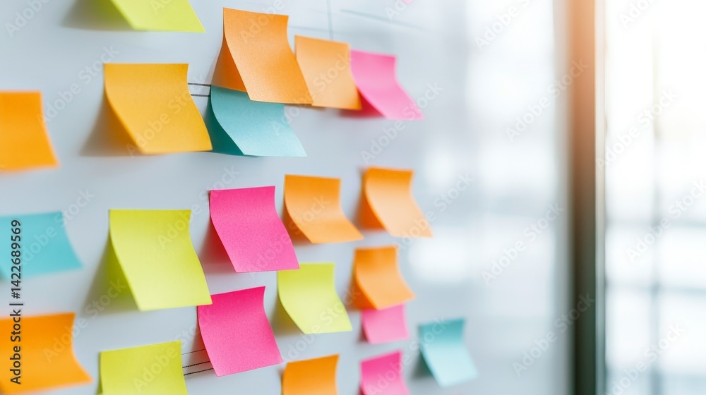 A colorful array of sticky notes arranged on a board, symbolizing ideas, organization, and brainstorming.