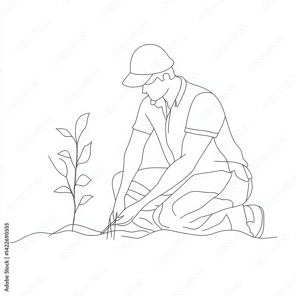 Single continuous line drawing young male farmer planting plant shoots in the ground. Start the planting period. Minimalism metaphor concept. Dynamic one line draw graphic design vector illustration