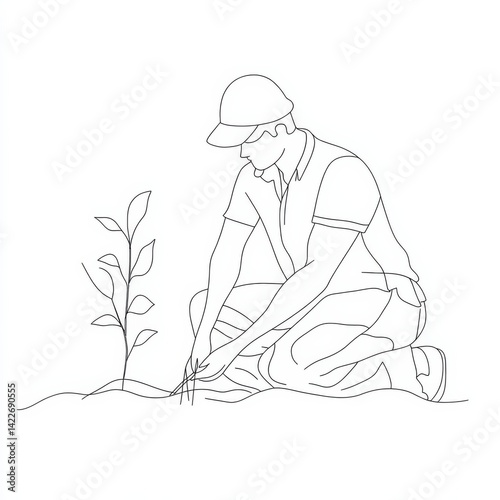 Obraz na płótnie Single continuous line drawing young male farmer planting plant shoots in the ground. Start the planting period. Minimalism metaphor concept. Dynamic one line draw graphic design vector illustration w salonie