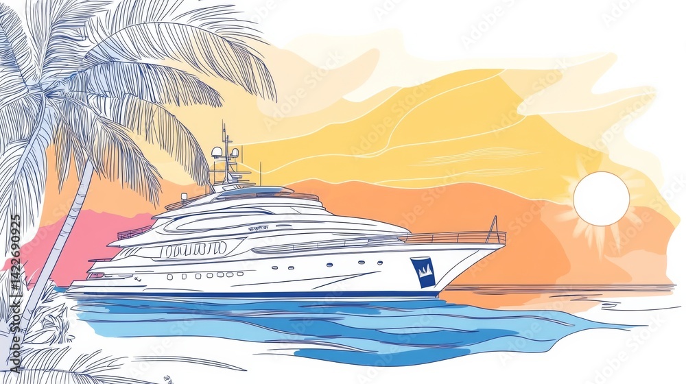 Single continuous one line art sunny ocean travel vacation. Sea voyage sunrise holiday tropical island ship yacht luxury journey sunset concept design sketch outline drawing vector illustration