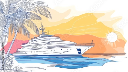 Obraz na płótnie Single continuous one line art sunny ocean travel vacation. Sea voyage sunrise holiday tropical island ship yacht luxury journey sunset concept design sketch outline drawing vector illustration w salonie