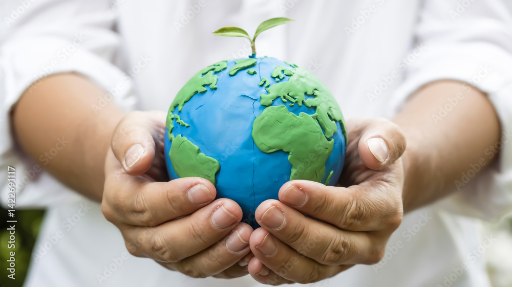 Close-up of hands cradling a clay globe in blue and green, with a green sprout emerging, set against a soft, white background, shallow depth of field Close-up of hands cradling a clay globe in blue and green, with a green sprout emerging, set against a soft, white background, shallow depth of field
