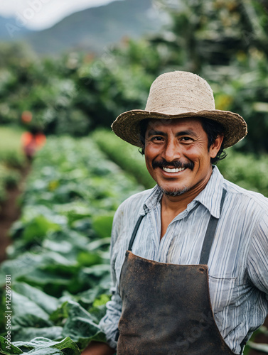 Portrait of a Smiling Indigenous Farmer in a Field,  Proud of His Harvest, with Traditional Hat, and Leather Apron.