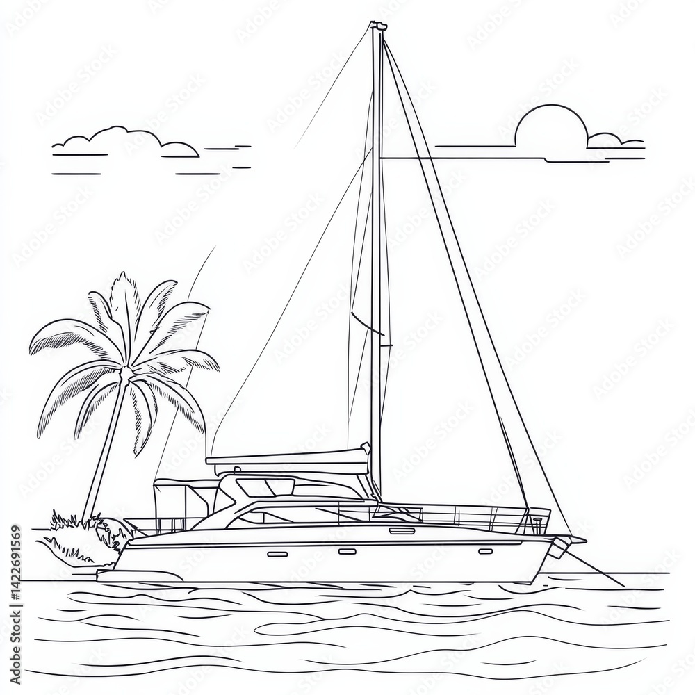 Single continuous one line art sunny ocean travel vacation. Sea voyage sunrise holiday tropical island ship yacht luxury journey sunset concept design sketch outline drawing vector illustration