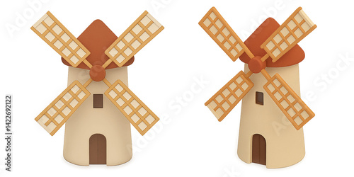3D cartoon windmills with rotating blades and classic village design for countryside, agriculture, or eco energy concept