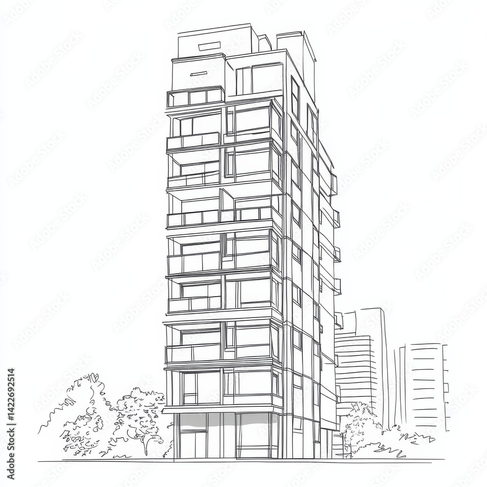 Single continuous line drawing of an apartment building in a modern city, showcasing home architecture and property design.