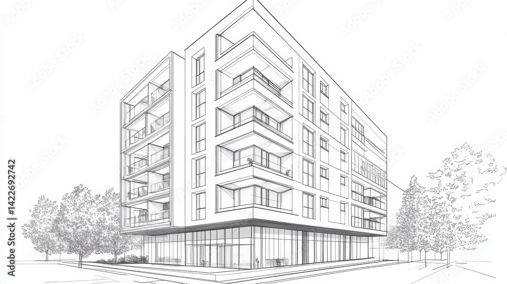 Single continuous line drawing of an apartment building in a modern city, showcasing home architecture and property design.