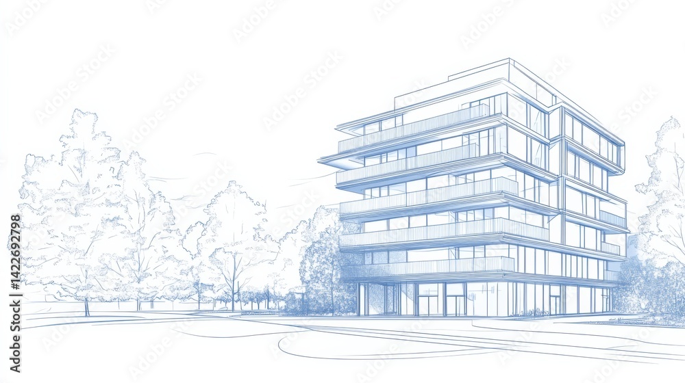 Single continuous line drawing of an apartment building in a modern city, showcasing home architecture and property design.