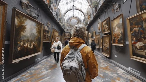 Art museum gallery interior, traveler exploring