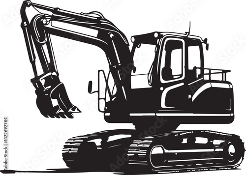 Tracked Excavator Vector Art – Monochrome Earthmoving Vehicle