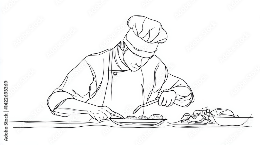 single one line drawing of chef preparing food vector illustration. Minimalism handdrawn sketch design simplicity style.