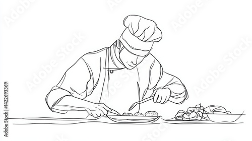 Obraz na płótnie single one line drawing of chef preparing food vector illustration. Minimalism handdrawn sketch design simplicity style. w salonie