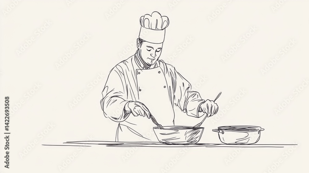 single one line drawing of chef preparing food vector illustration. Minimalism handdrawn sketch design simplicity style.