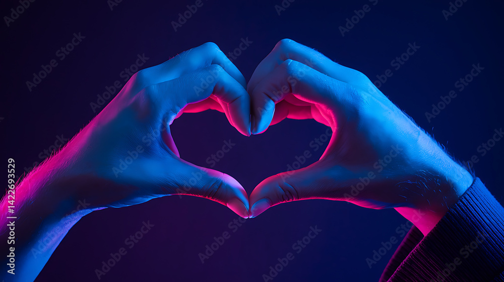 Fototapeta premium Two hands illuminated by pink and blue light forming a heart shape against a dark background.