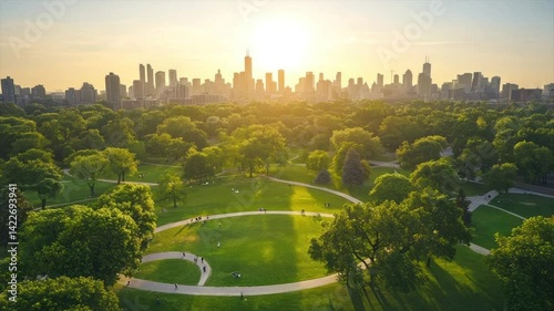 Lush parkland surrounds a city skyline at sunset