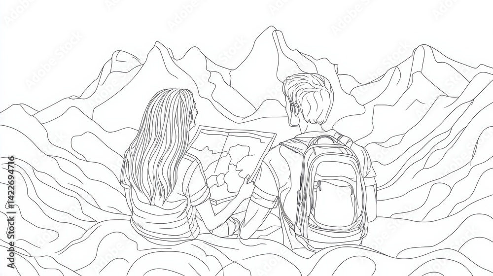 Single one line drawing smiling couple planning the route and looking at the map. Travel, vacation, holidays and adventure. Mountain landscape. Continuous line draw design graphic vector illustration