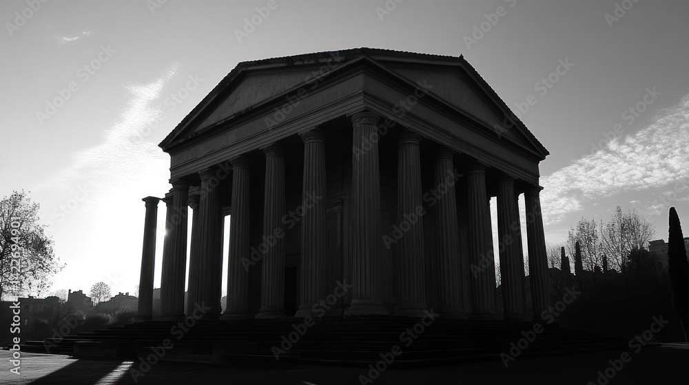 Obraz premium Temple dawn park silhouette, city backdrop