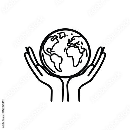 Earth Held in Hands Outline Style on Transparent Background Black and White