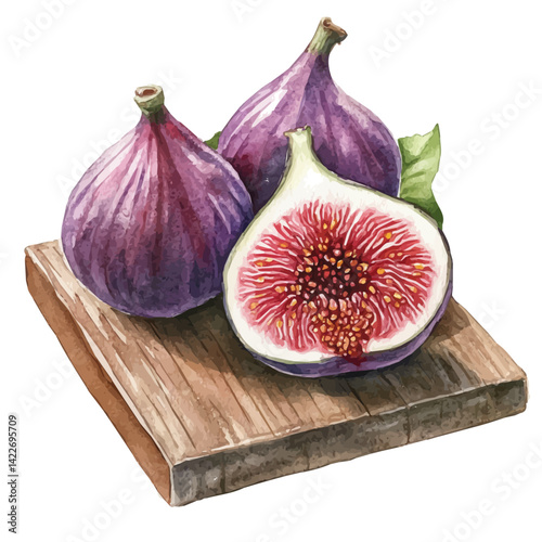 Fresh Fig On A Wooden Board, vector watercolor illustration, isolated on a white background.