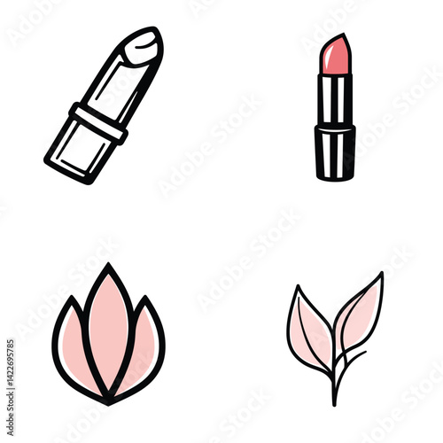 Elegant Lipstick Beauty Set with Stylish Flower Icons on White Background