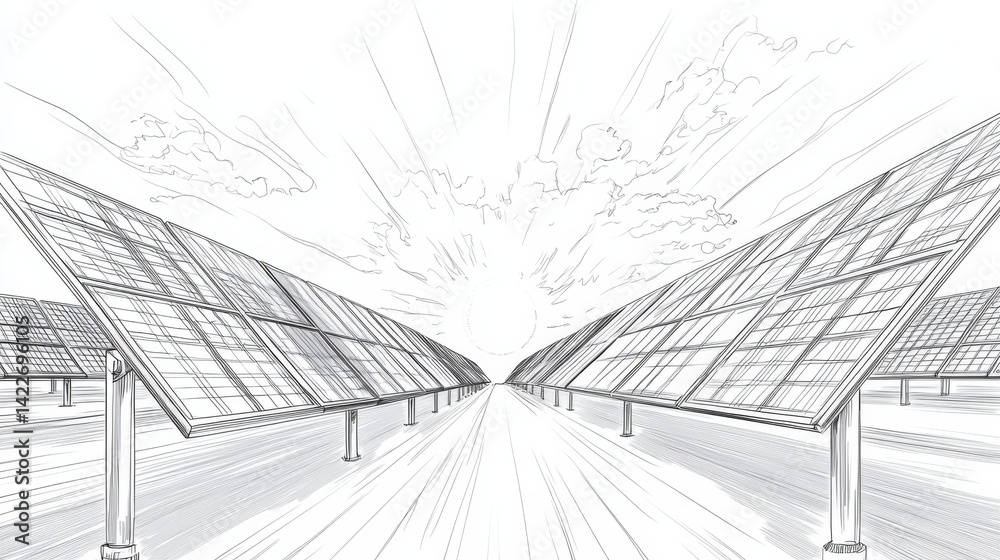 Solar energy in continuous line art drawing style. Solar panels facing the Sun to collect heat