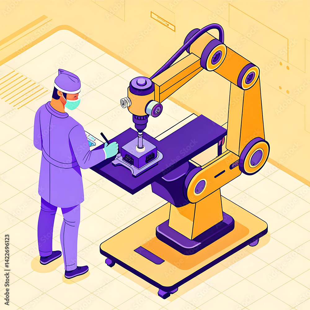 Naklejka premium Surgeon Using Robotic Arm in High-Tech Operating Room - Isometric View
